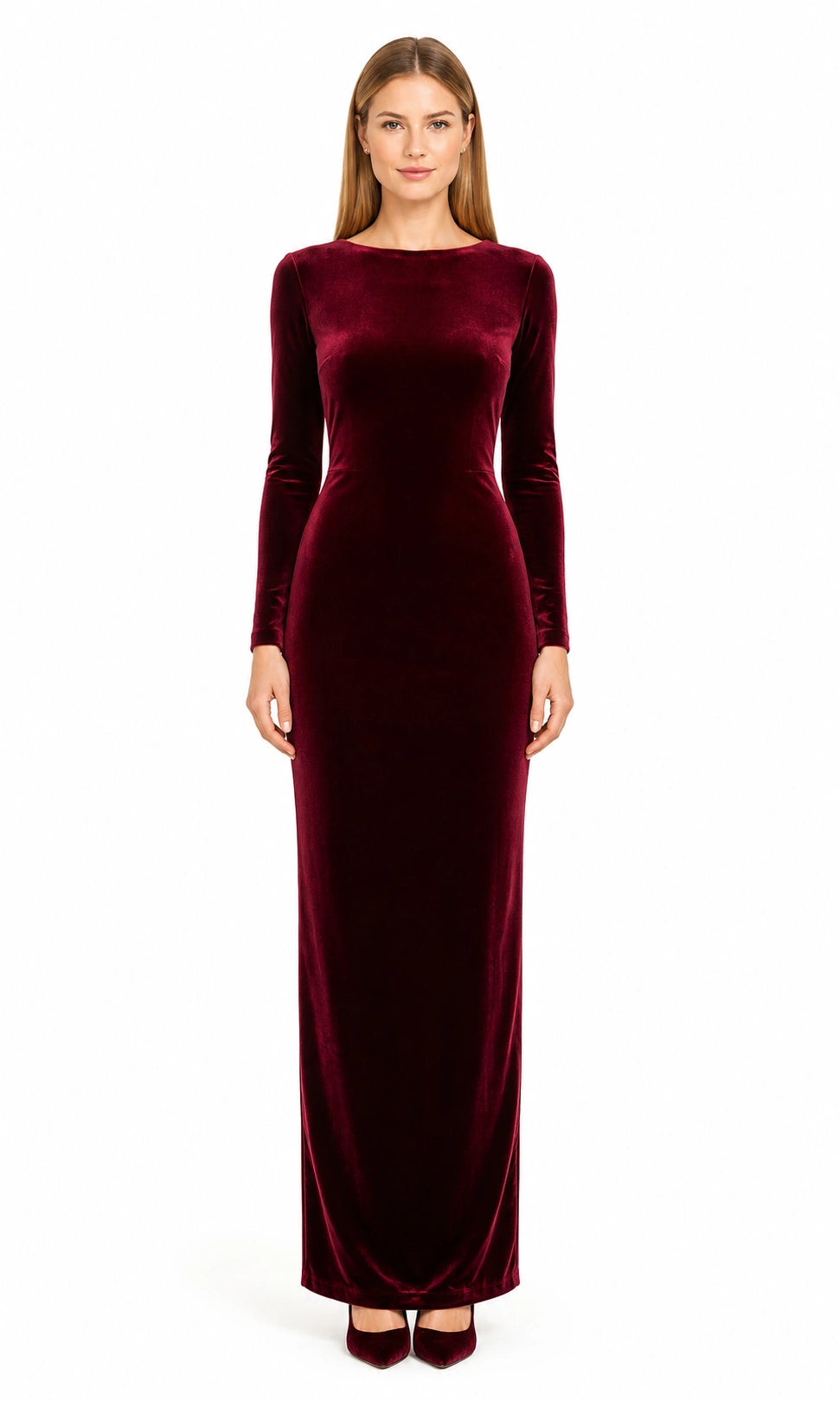 Burgunderabend Bordeauxrot Abendkleid von Douglas – Frontansicht