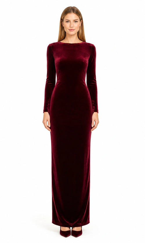 Burgunderabend Bordeauxrot Abendkleid von Douglas – Frontansicht
