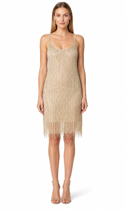 Champagnerfunkeln Champagner Abendkleid von Douglas – Frontansicht