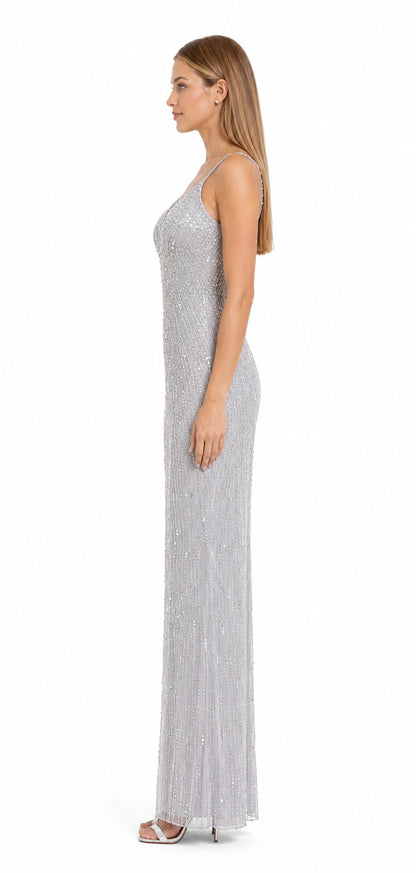 Silbermond Silber Abendkleid von Douglas – Detailansicht