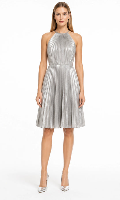 Silberschimmer Silbergrau Abendkleid von Douglas – Frontansicht